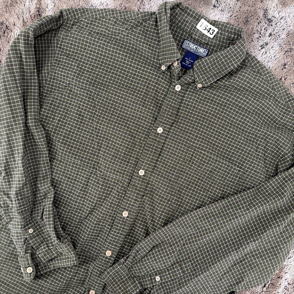 VTG Y2K Structure Men's Large Green Plaid Flannel Long Sleeve Button Down Shirt